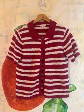 Christopher & Banks Red and White Striped Short-Sleeve Polo Cardigan